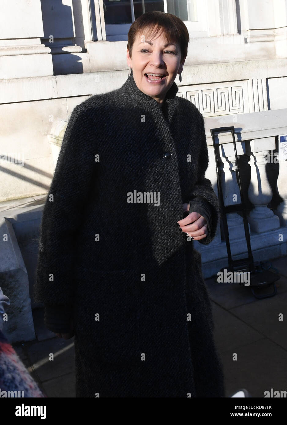 Caroline Lucas, dans la région de Whitehall, Londres, après que le premier ministre a annoncé qu'elle allait inviter les chefs de parti à la Chambre des communes et d'autres parlementaires dans des discussions pour obtenir un consensus parlementaire sur la voie à suivre sur Brexit. Banque D'Images