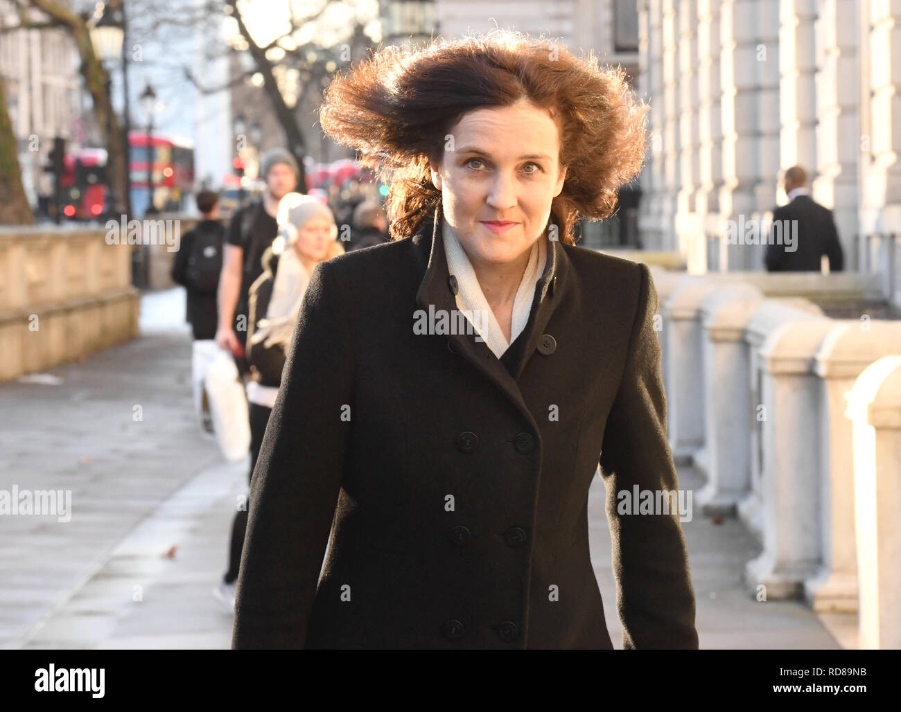 Theresa Villiers à Whitehall, Londres, après que le premier ministre a annoncé qu'elle allait inviter les chefs de parti à la Chambre des communes et d'autres parlementaires dans des discussions pour obtenir un consensus parlementaire sur la voie à suivre sur Brexit. Banque D'Images