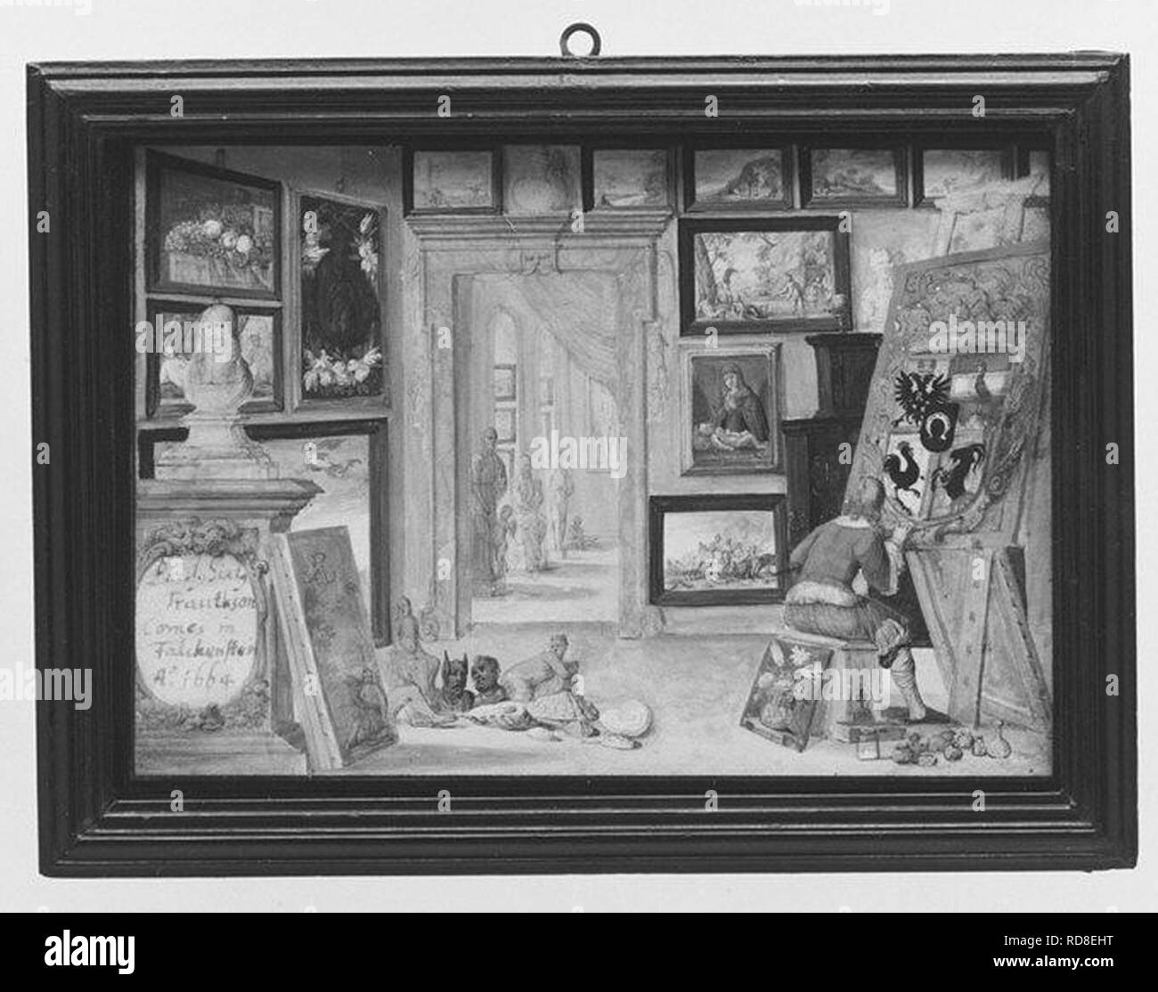 Peinture d'un artiste un bouclier héraldique dans un cabinet de curiosités Banque D'Images