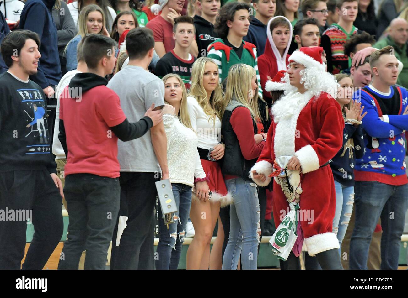 Bartlett, Illinois, USA. Les élèves du secondaire leur soutien à l'équipe de basket-ball un jeu avant les vacances de Noël. Banque D'Images