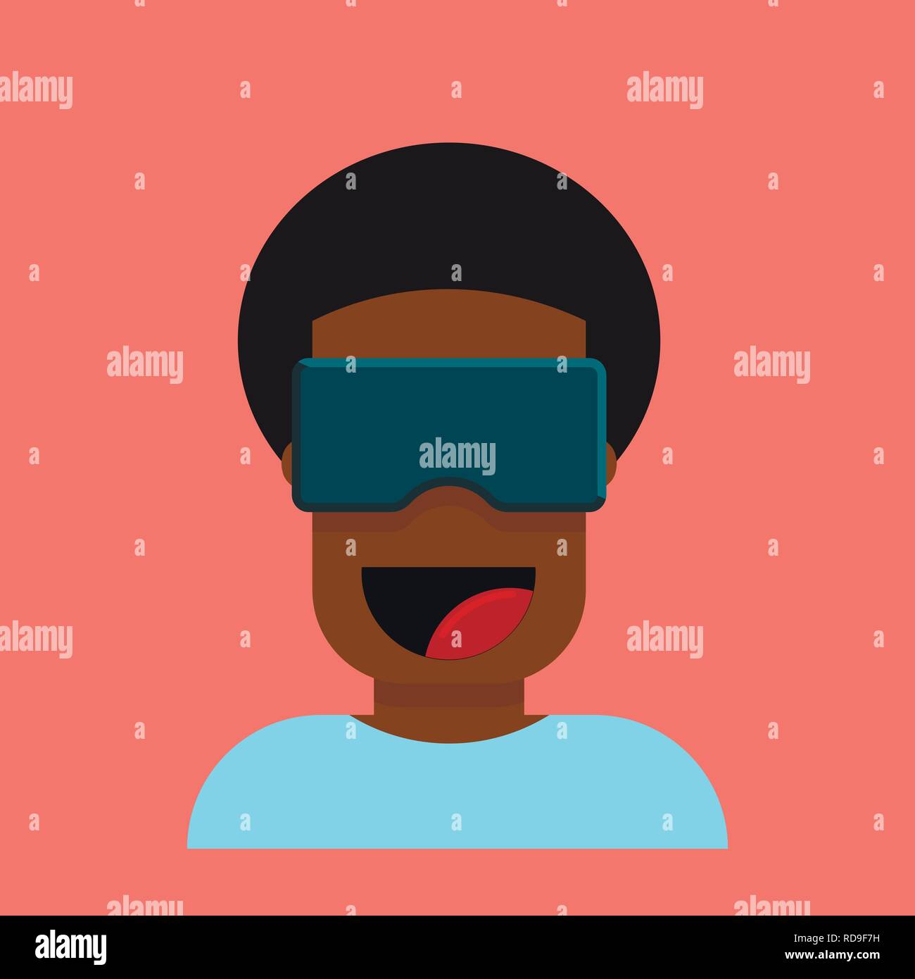 Heureux jeune homme noir à lunettes de réalité virtuelle. Cartoon character design créatif. Illustration de Vecteur