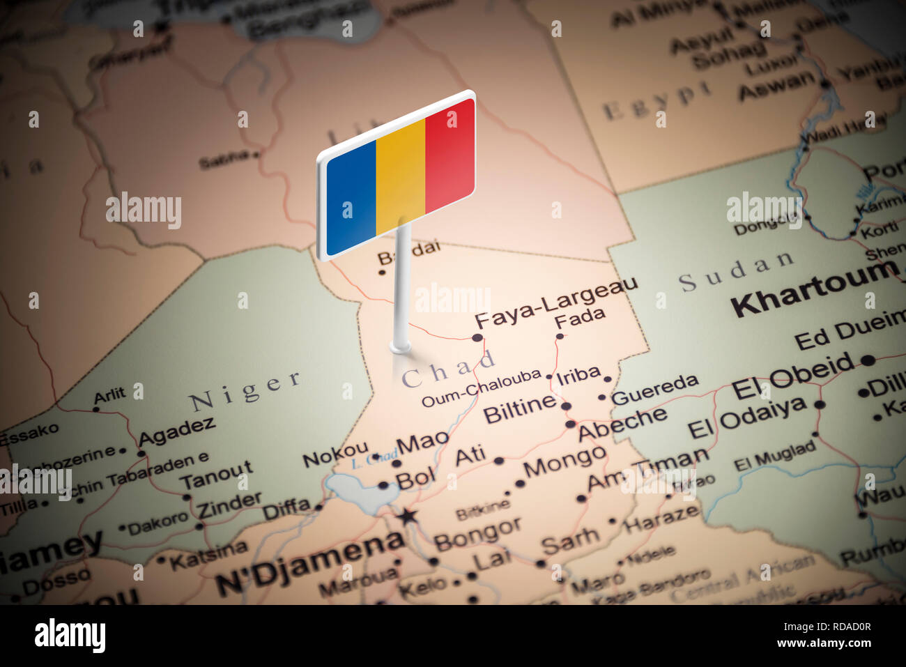 Tchad marqué d'un drapeau sur la carte Banque D'Images