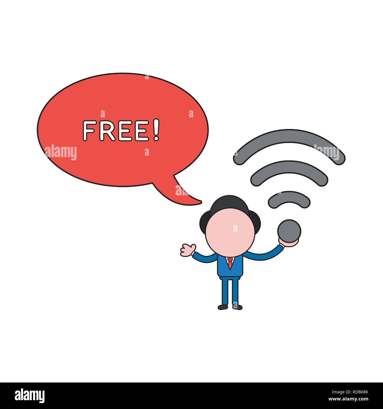 Illustration vecteur de caractères businessman holding wireless wifi et symbole disant libre avec bulle. Couleur et contours noirs. Illustration de Vecteur