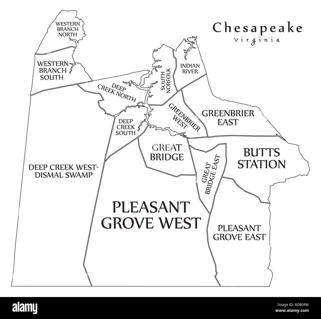 Plan de la ville moderne - la ville de Chesapeake Virginia USA par les quartiers et les titres contour plan Illustration de Vecteur