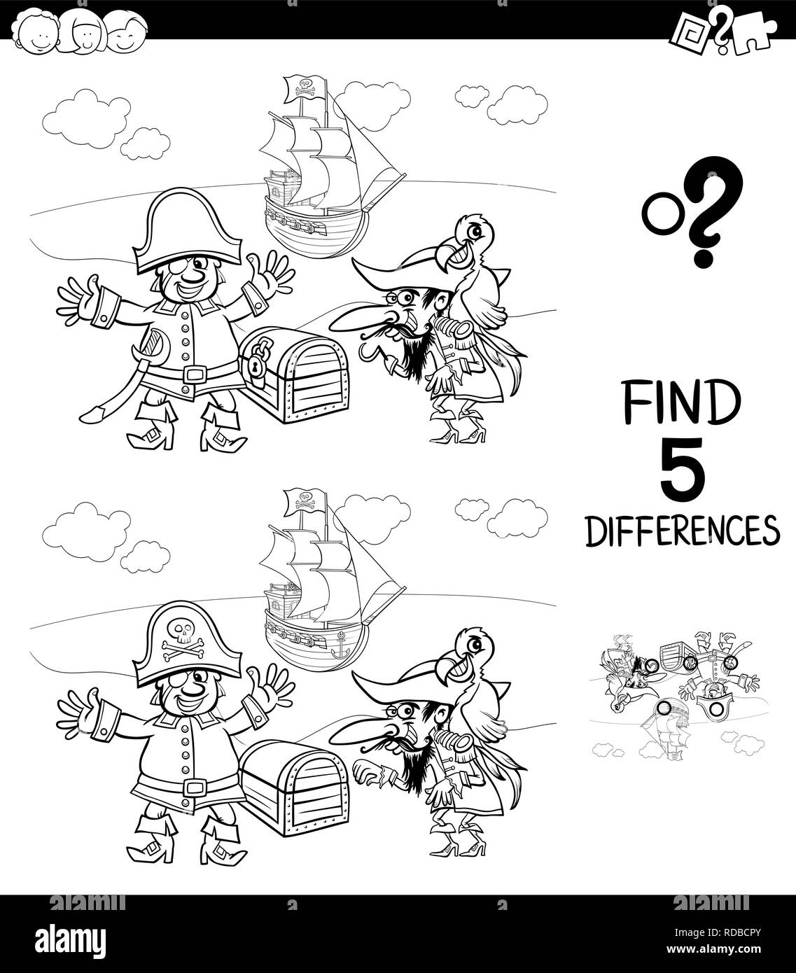 Illustration Cartoon noir et blanc de trouver cinq différences entre les photos, jeu éducatif pour les enfants ayant des caractères Pirate Coloring Book Illustration de Vecteur