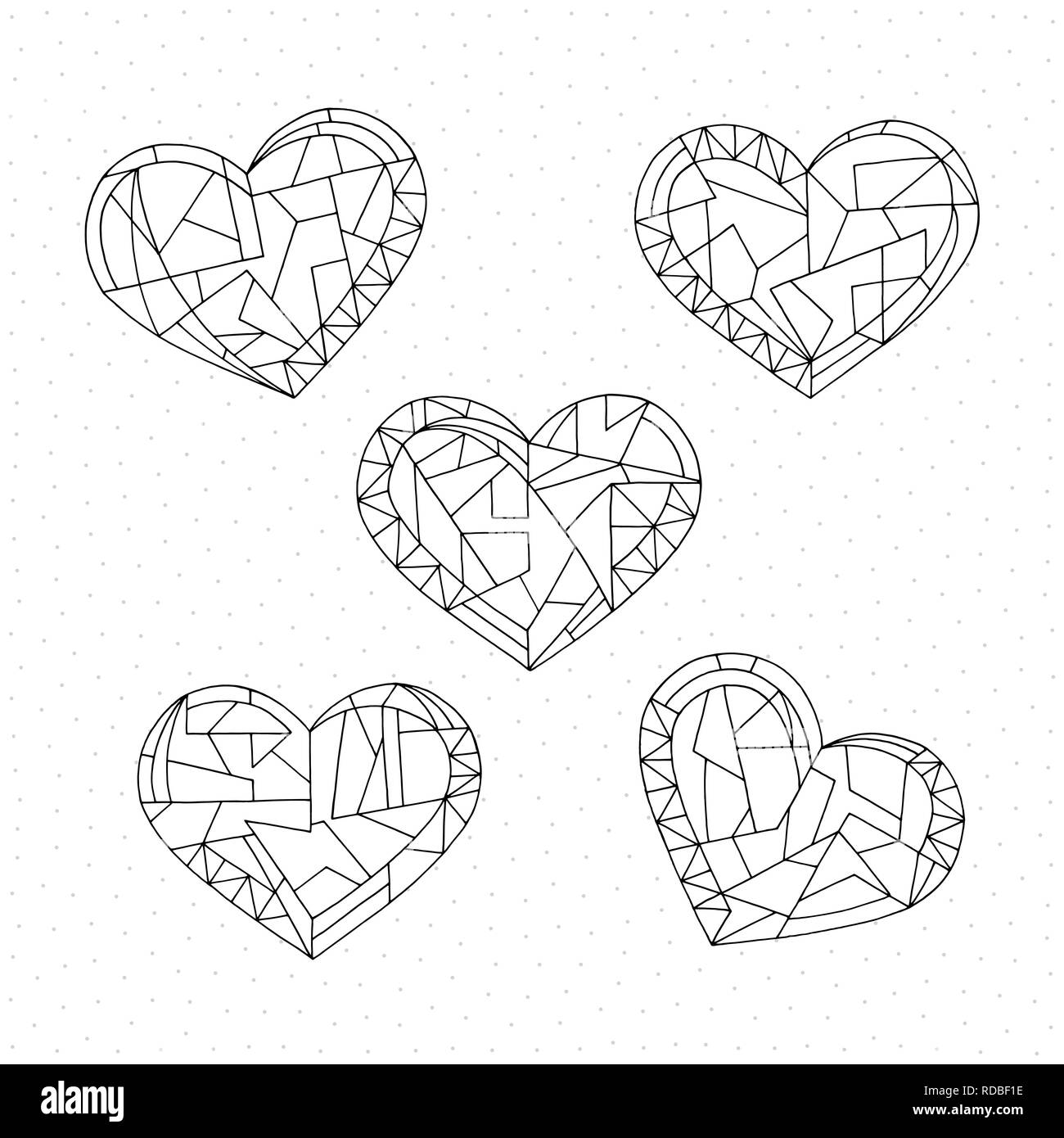 Livre à colorier Jeu de coeurs. Hand drawn abstract love holidays illustrations vectorielles. Valentines Day background dans un style moderne. Vacances à colorier. Illustration de Vecteur