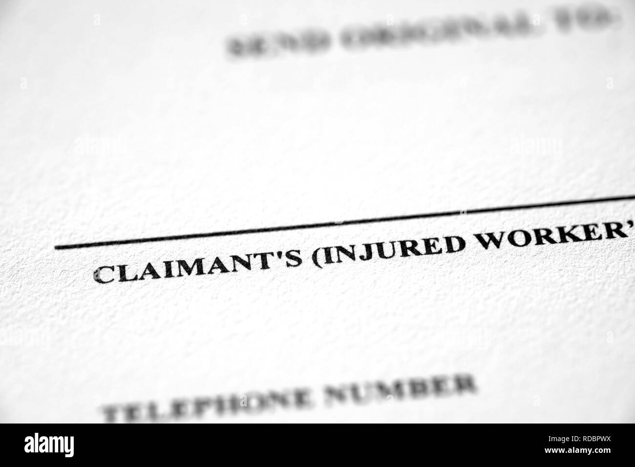 Formulaire de plainte d'indemnisation des travailleurs blessés pour Banque D'Images