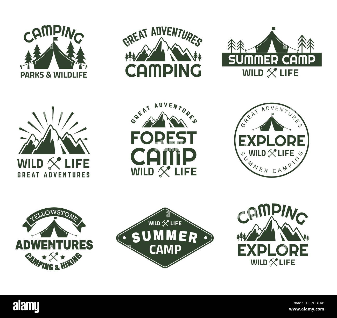 Ensemble d'icônes de montagne isolés pour club voyage Illustration de Vecteur