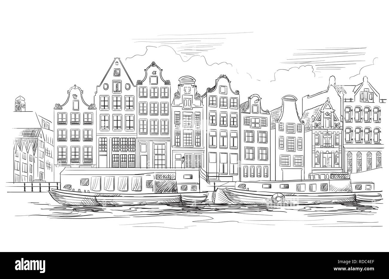 Maisons sur berge. Canal d'Amsterdam, Pays-Bas. Monument de Pays-bas. Dessin vectoriel illustration en couleur noir isolated on white backg Illustration de Vecteur