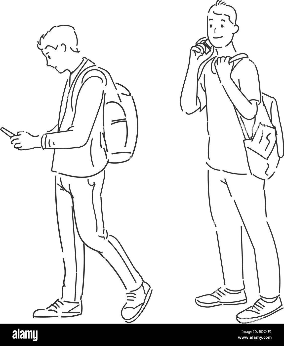 Hommes debout à l'aide de smart phone exerçant son sac à dos, hand drawn vector illustration style design. Illustration de Vecteur Hommes debout à l'aide de smart phone exerçant son sac à dos, hand drawn vector illustration style design. Illustration de Vecteur