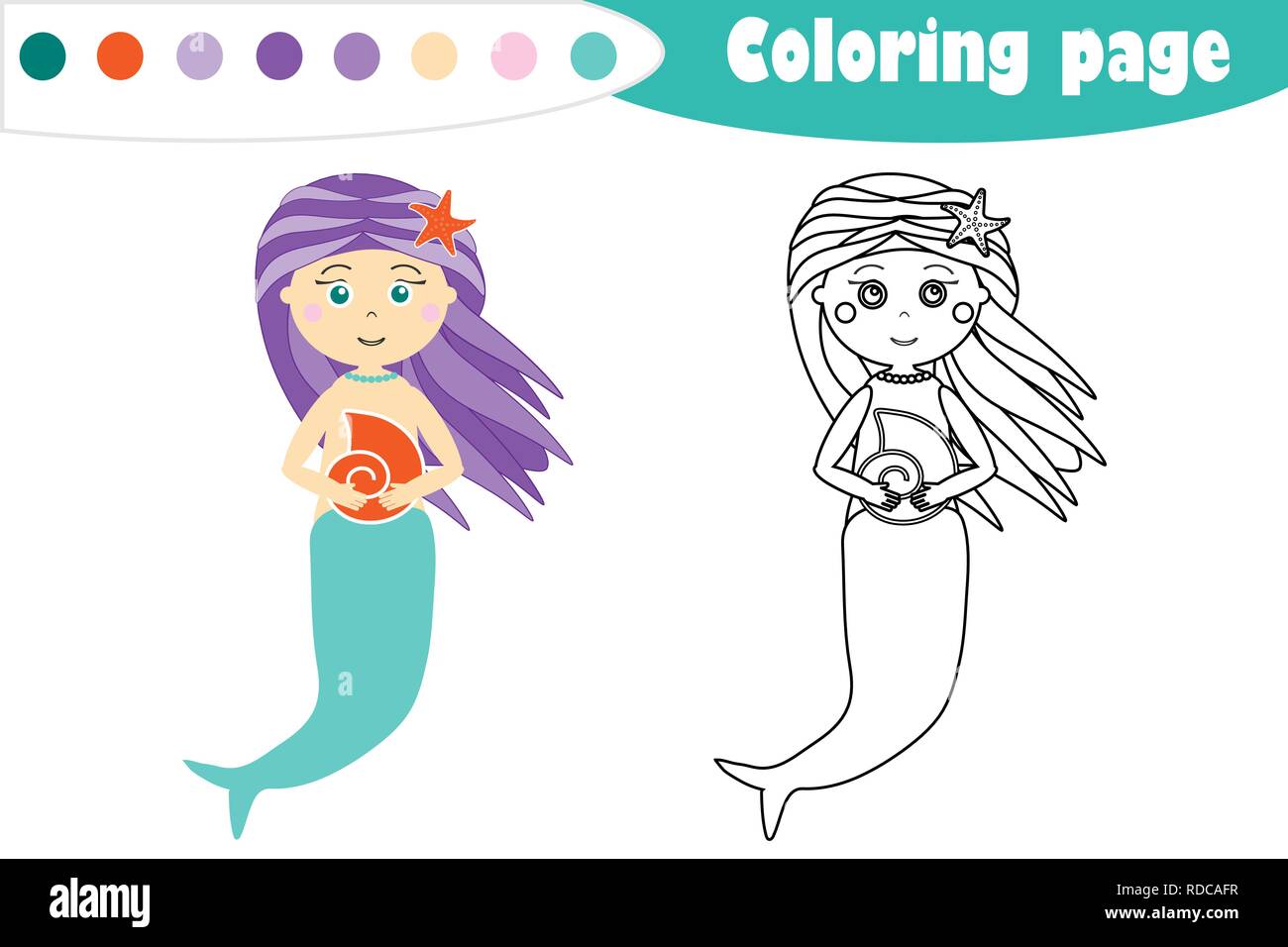 Sirène de style cartoon, coloriage, jeu de papier de l'éducation pour le développement des enfants, pour les enfants, activité préscolaire version feuille, vector Illustration de Vecteur