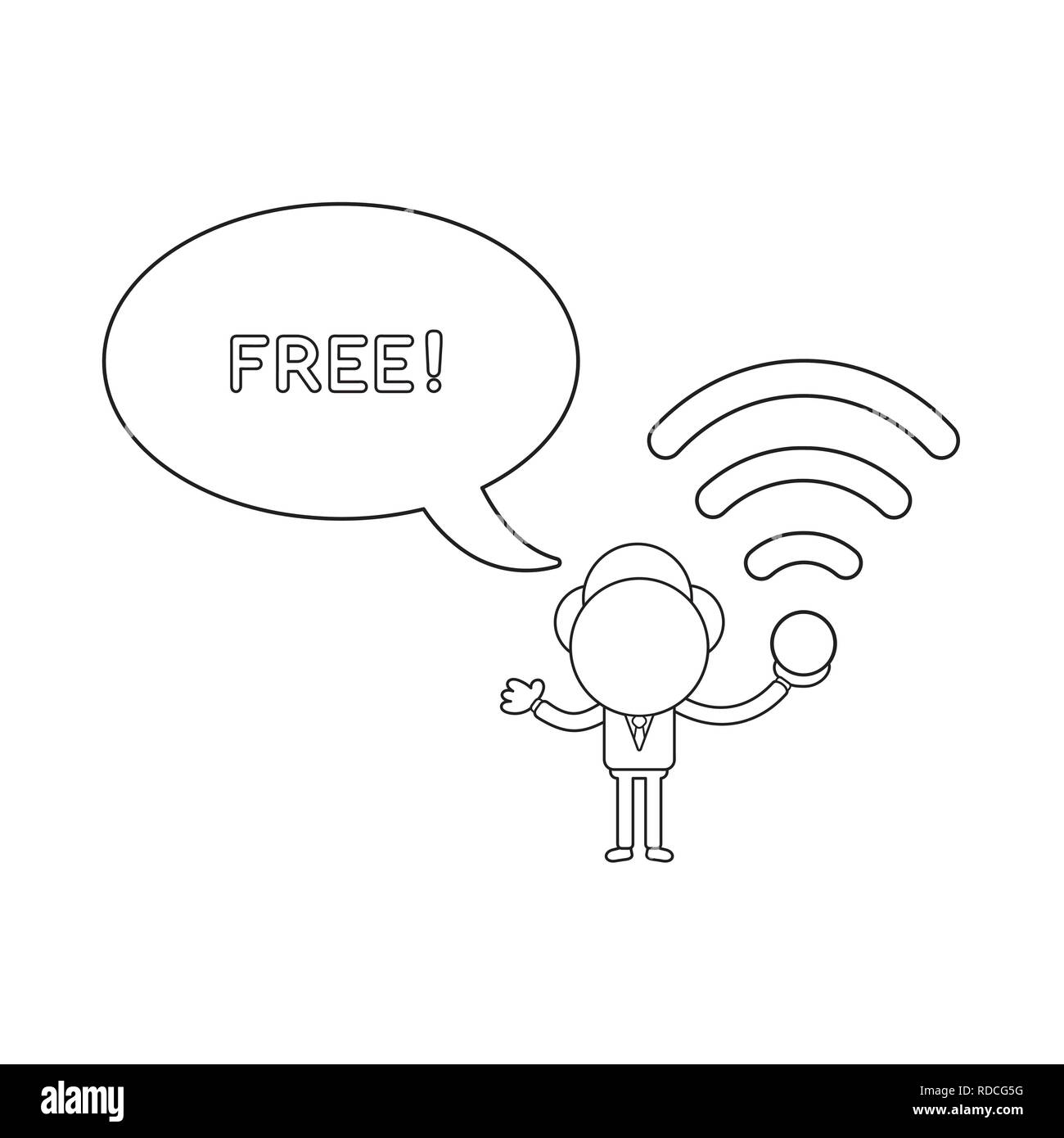 Illustration vecteur de caractères businessman holding wireless wifi et symbole disant libre avec bulle. Contour noir. Illustration de Vecteur