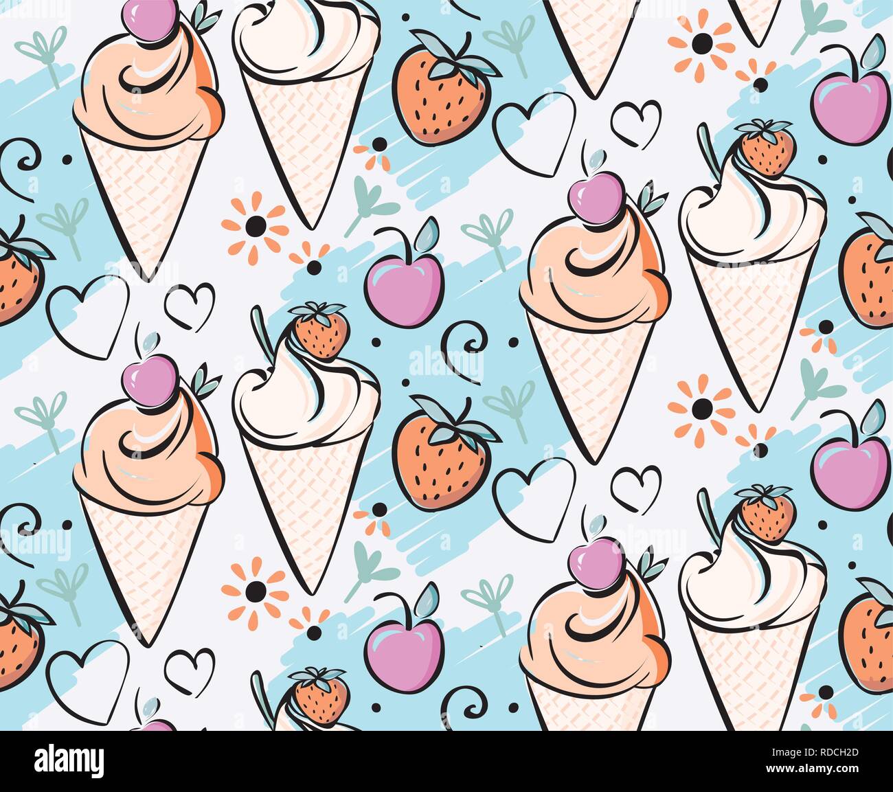 Avec la crème glacée fraise, cerise. Creame rose rouge, bleu, contour noir dessin fait à la main pour les enfants, adultes, caffee, snack-bar Illustration de Vecteur