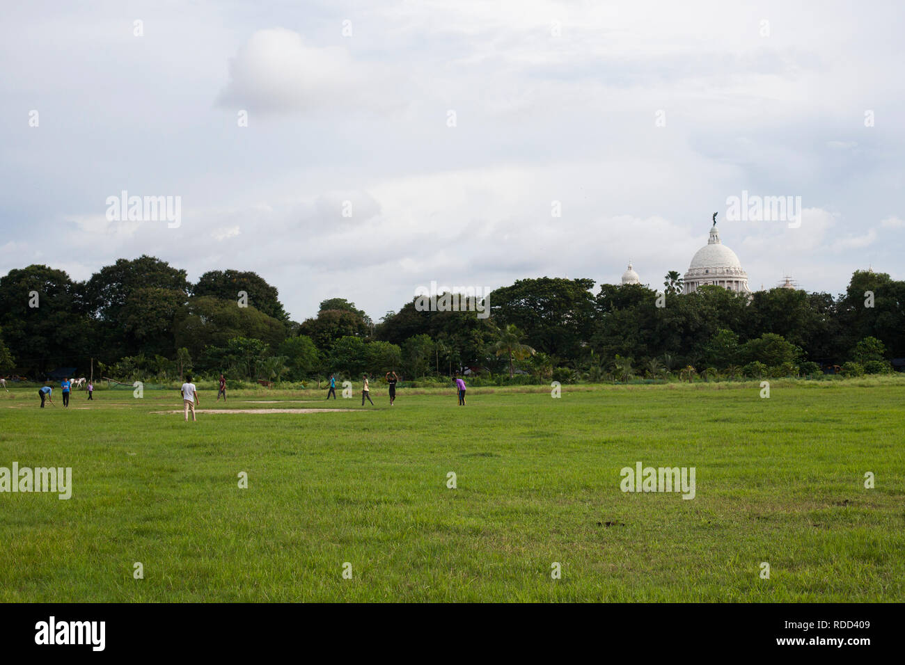 Kolkata, Bengale / INDE - 08 août 2015 : les garçons à jouer au cricket sur le Maidan à Kolkata. Dans l'arrière-plan l'Édifice commémoratif Victoria. Banque D'Images