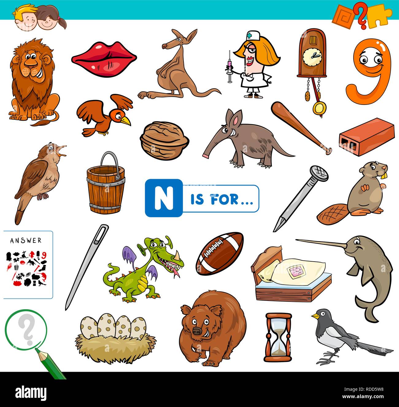 Cartoon Illustration de trouver Photo commençant par la lettre N jeu éducatif pour les enfants Cahier Illustration de Vecteur