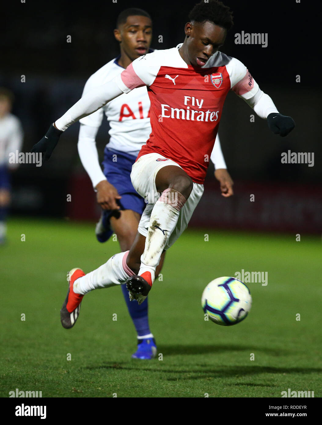 Manchester, Angleterre - 17 janvier : Folarin Balogun d'Arsenal au cours de la jeunesse FA Quatrième ronde match entre Arsenal et Tottenham Hotspur à Meadow Park Stadium sur 17 janvier 2019 à Manchester, Royaume-Uni. Action Sport Crédit photo FA Premier League Ligue de football et les images sont soumis à licence DataCo usage éditorial seulement aucune utilisation non autorisée avec l'audio, vidéo, données, listes de luminaire (en dehors de l'UE), club ou la Ligue de logos ou services 'live'. En ligne De-match utilisation limitée à 45 images ( +15 en temps supplémentaire). Aucune utilisation d'émuler des images en mouvement. Aucune utilisation de pari, de jeux ou d'un club ou la ligue/player publ Banque D'Images