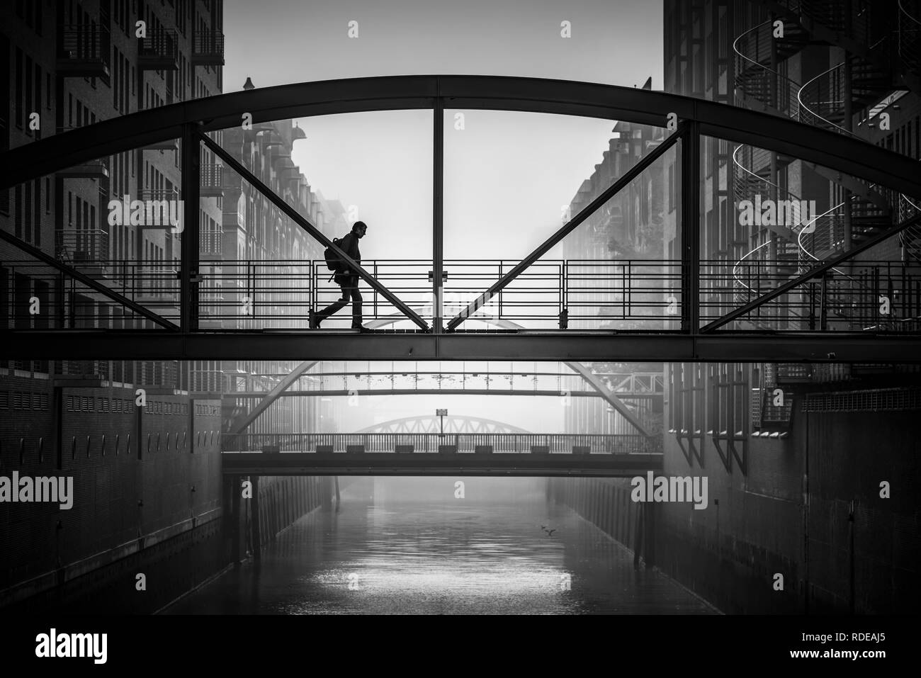 Deutschland, Hambourg, Elbe, Hafen, Speicherstadt, Hafencity, Nebel, Kehrwiedersteg Banque D'Images