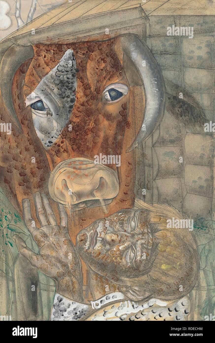 Garçon paysan et une vache. Musée : collection privée. Auteur : Boris Grigoriev, Dmitryevich. Banque D'Images