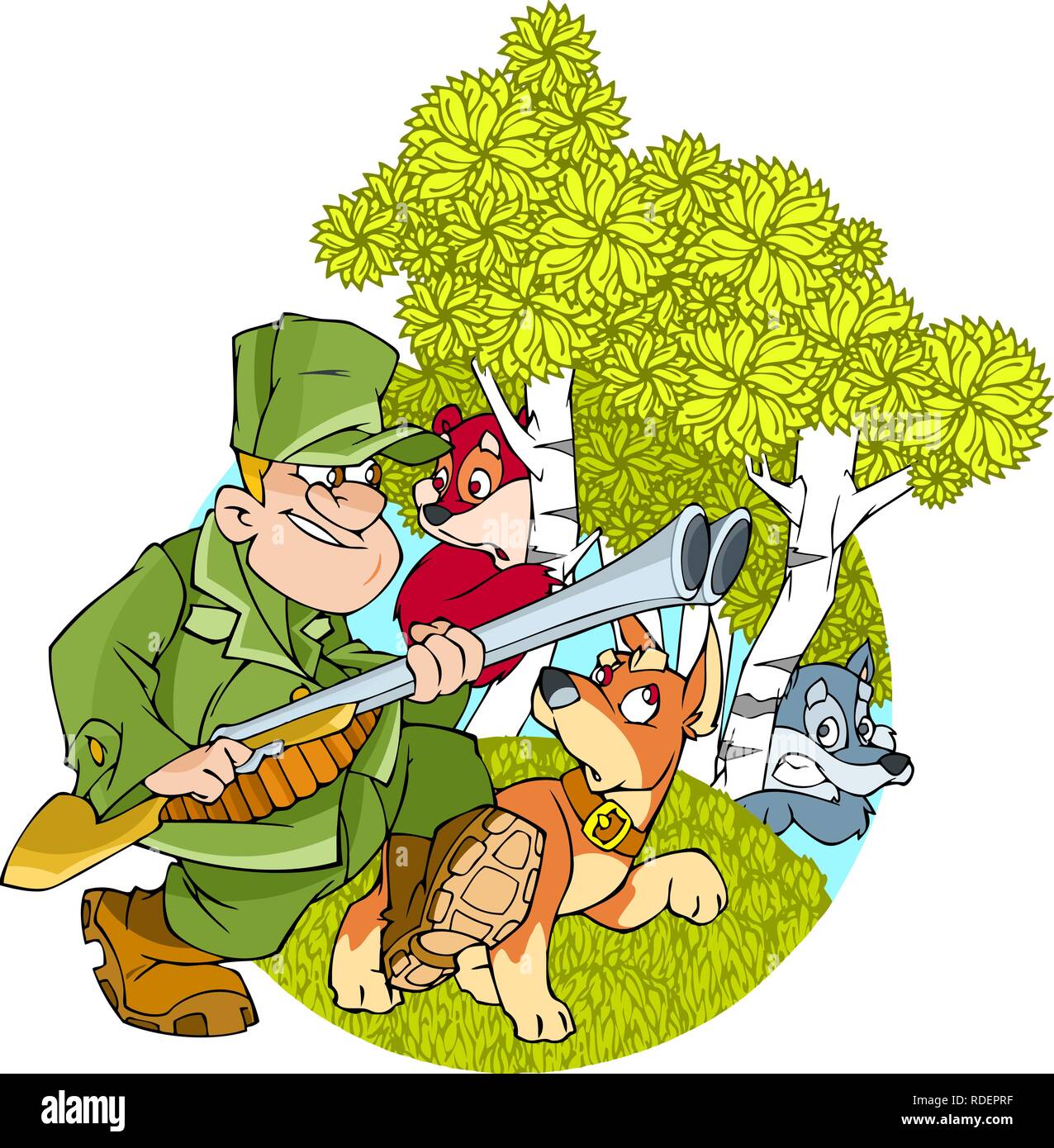 Hunter avec un fusil et un chien va dans les bois. Illustration de Vecteur