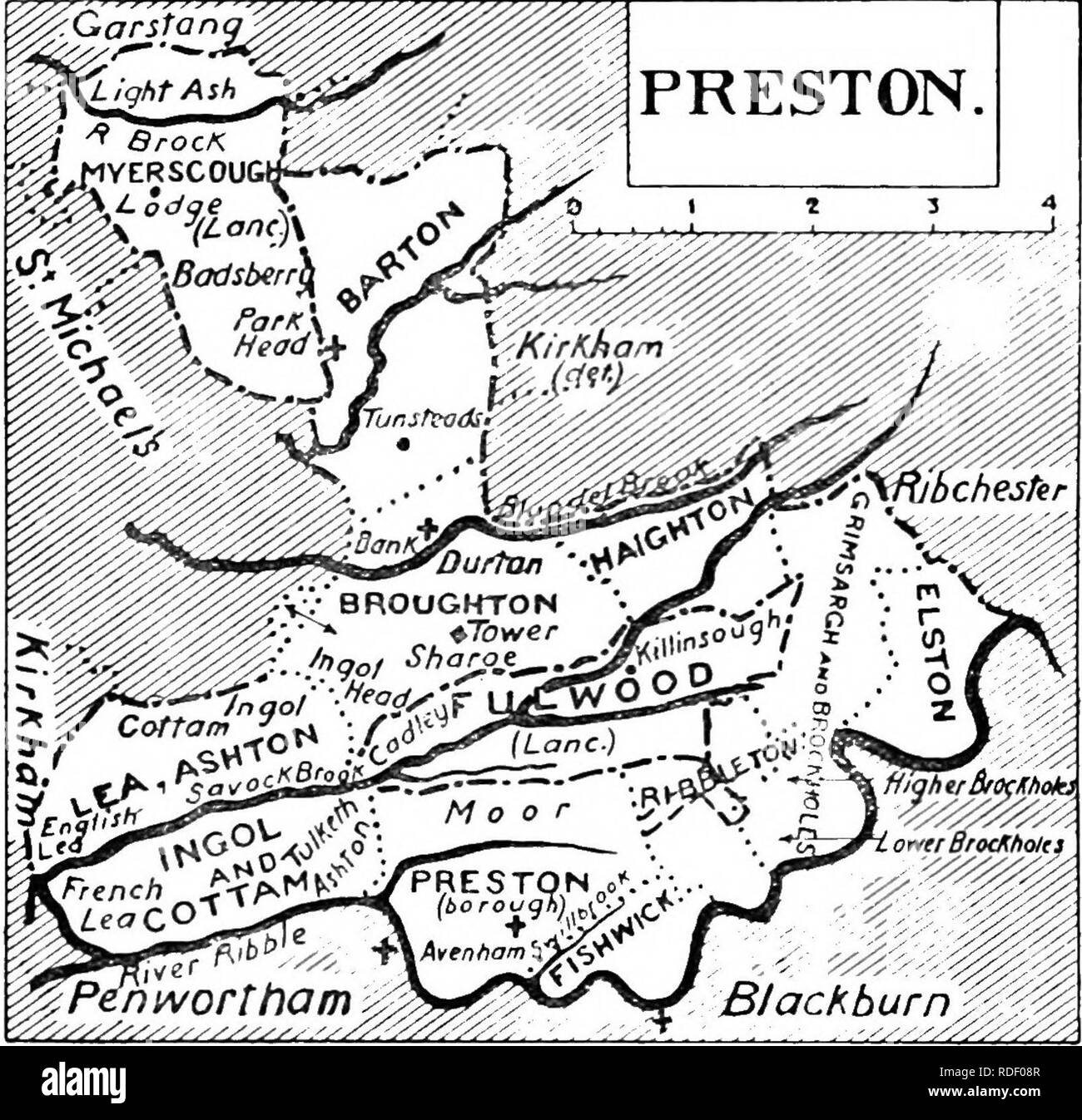 . L'histoire de Victoria du comté de Lancaster ;. L'histoire naturelle. Une HISTOIRE DE PRESTON LANCASHIRE RIBBLETOX MSARGH.GRI et PRESTON BROCKHOLES ELSTON FISHWICK VIRIGNIN BROUGHTON BARTON LEA, ASHTON, INGOL et COTTAM La paroisse de Preston se trouve sur la rive nord de la Ribble, et dispose d'une superficie de 16 116 acres, y compris 207 acres de raz de l'eau. La population en 1901 était 115 483, principalement dans le quartier de Preston. La surface est ondulé, avec une hausse générale vers le nord et l'Est. L'histoire de la paroisse est pratiquement que de la ville qui a donné son nom à l'ensemble. L'o Banque D'Images