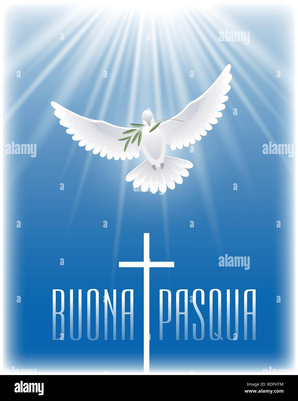 Joyeuses Pâques en italien. Colombe volant blanc avec branche d'olivier et de croix. Vector illustration. Illustration de Vecteur