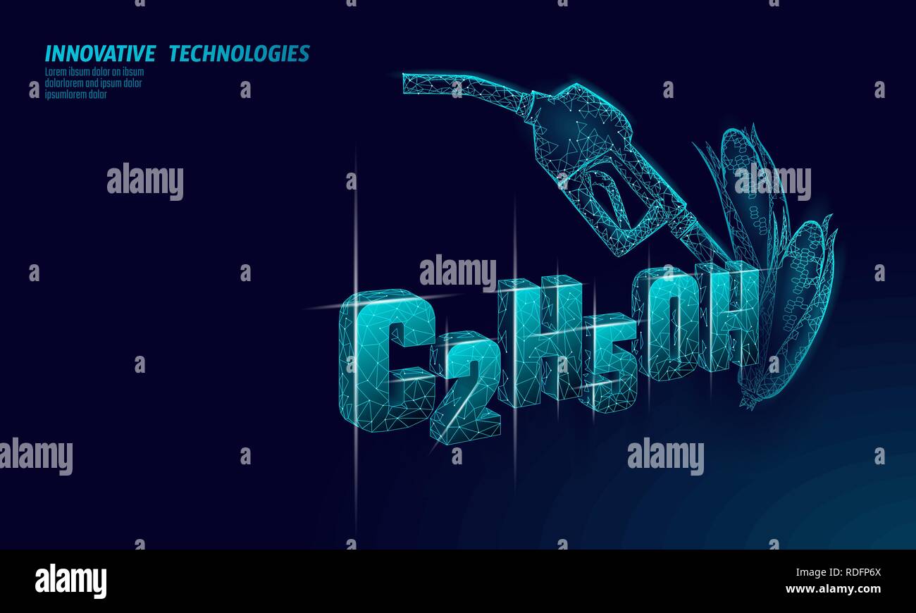 Formule éthanol biocarburant. des armes à feu de maïs La science de l'écologie C2H5OH chimie biotechnologie eco concept. Bioraffinerie renouvelables gaz organiques polygonale de rendu 3D Innovation, technologie vector illustration Illustration de Vecteur