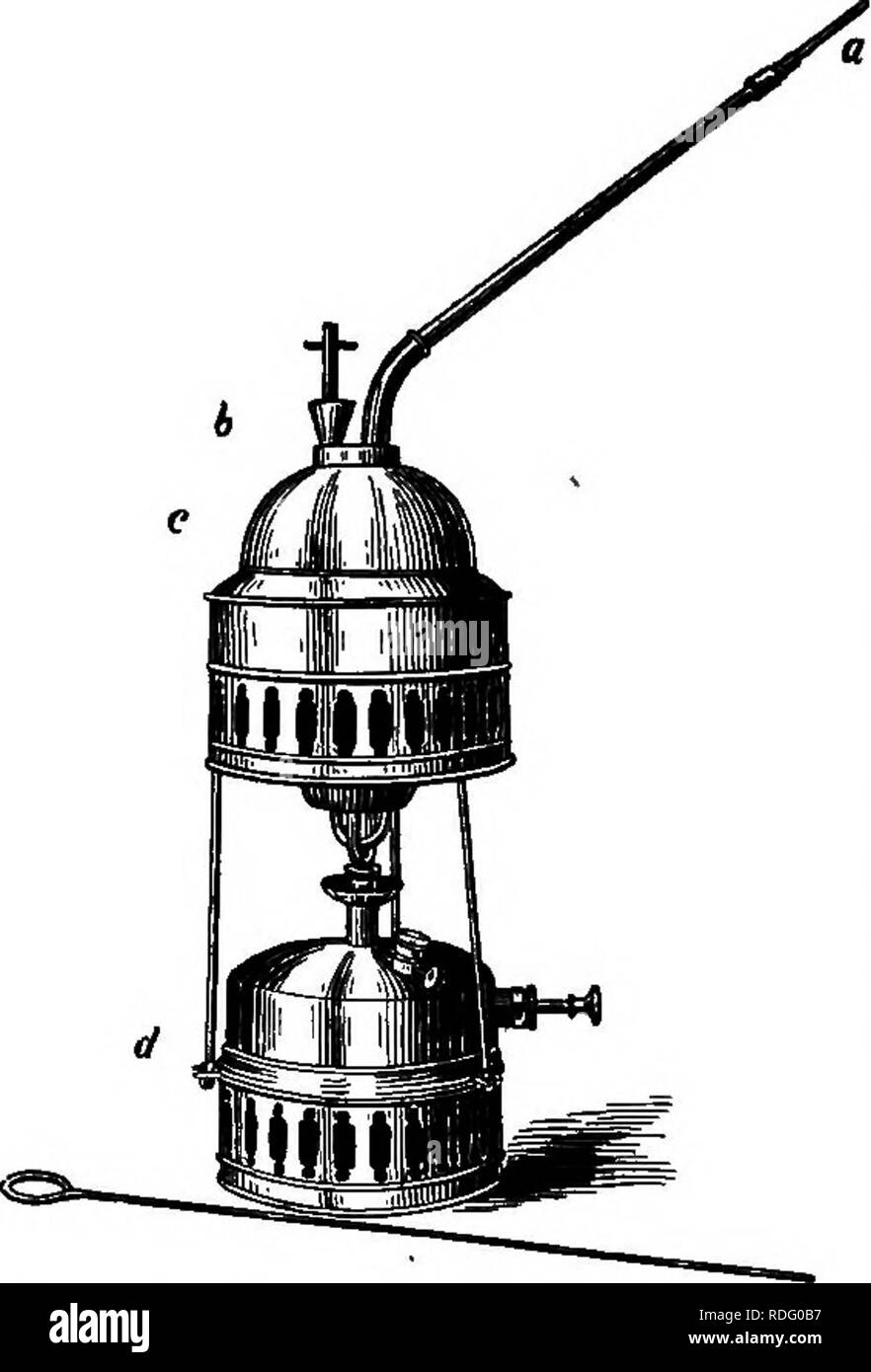 . Le travail en laboratoire de bactériologie. La bactériologie. 539. BACTÉRIOLOGIE sont bien calfeutrées dows avec des bandes de tissu, ou mieux avec du mastic. L'heure habituelle de l'exposition est de 20 heures. Les expériences de formaldéhyde peut être effectué, soit par aspersion de grandes feuilles de papier-filtre ou de mousseline avec la quantité nécessaire de 40  %, solution et les suspendre ces jusqu'en chambre, ou par distillation de la pour- maldehyde dans la pièce grâce à un tube inséré dans le trou. L'appareil de l'auteur' montré dans Fig. 76 a été spécialement conçu pour des prix disinfec- tion. Le navire peut en cuivre Banque D'Images