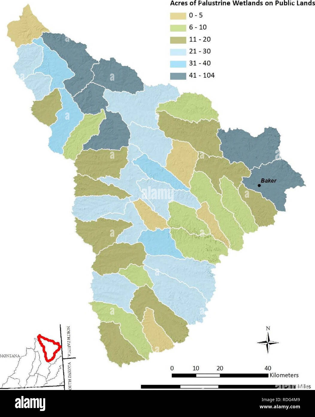 . Évaluation des zones humides du sud-est du Montana : l'élaboration et l'amélioration de l'évaluation d'une zone humide et une stratégie de suivi. Les zones humides ; l'écologie des milieux humides. O'Fallon Creek Watershed. La figure 28. Acres de terres humides palustres par sur les terres publiques par sixième unité hydrologique code dans le bassin hydrographique du ruisseau O'Fallon. 78. Veuillez noter que ces images sont extraites de la page numérisée des images qui peuvent avoir été retouchées numériquement pour plus de lisibilité - coloration et l'aspect de ces illustrations ne peut pas parfaitement ressembler à l'œuvre originale.. Newlon, Karen Rachel,author ; Ramstead, Karissa M., auteur ; Hahn, Jamul,repro Banque D'Images