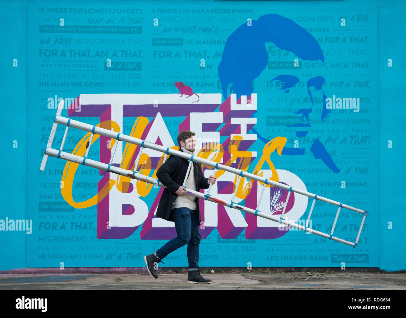 Glasgow, Royaume-Uni - 14 janvier 2019. Ministre pour l'Europe, la migration et le développement international Ben Macpherson dévoile une nouvelle peinture murale créée par Scottish Banque D'Images