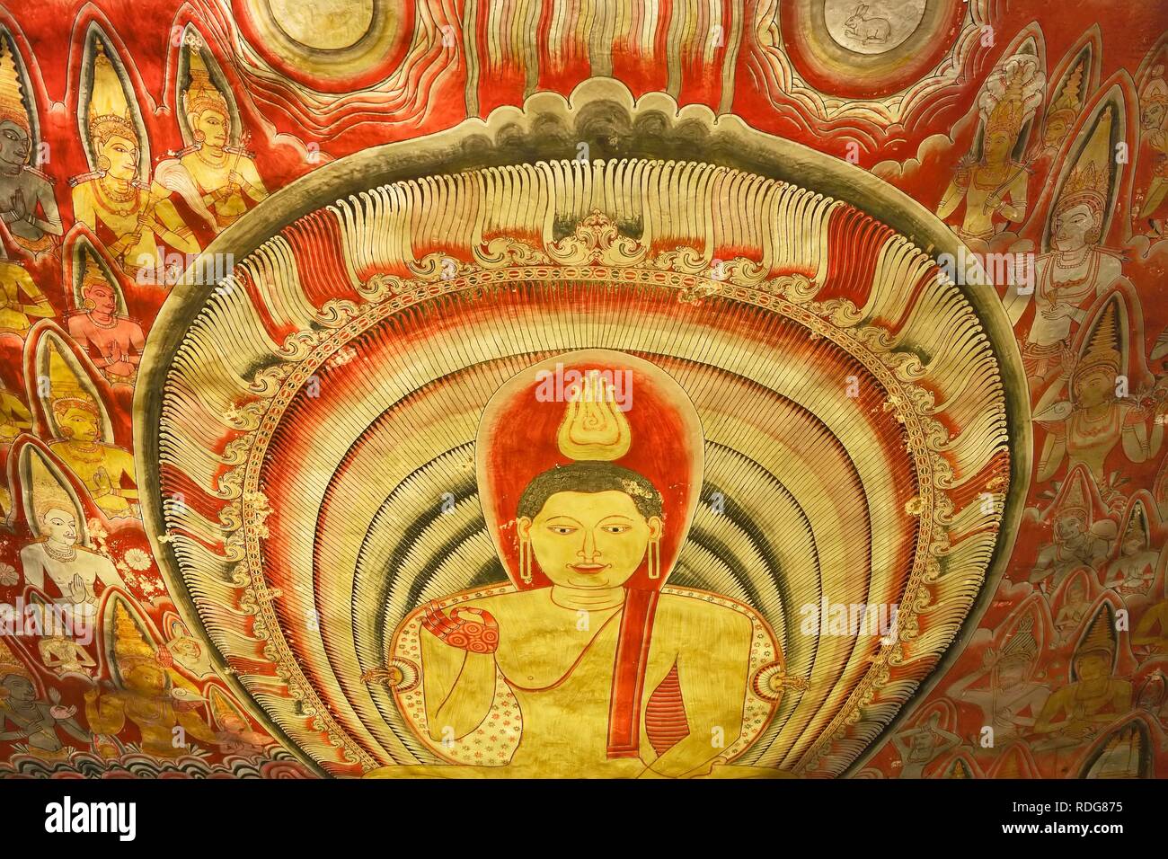 Murales colorées, fresque, élaborer des Bouddha, geste de discussion et l'enseignement, Vitarka mudra, Maharaja-Iena prix Banque D'Images