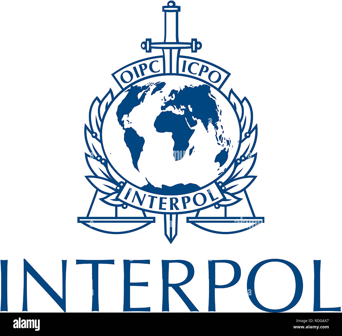 Logo de l'Organisation internationale de police criminelle Interpol avec joint à Lyon - France. Banque D'Images