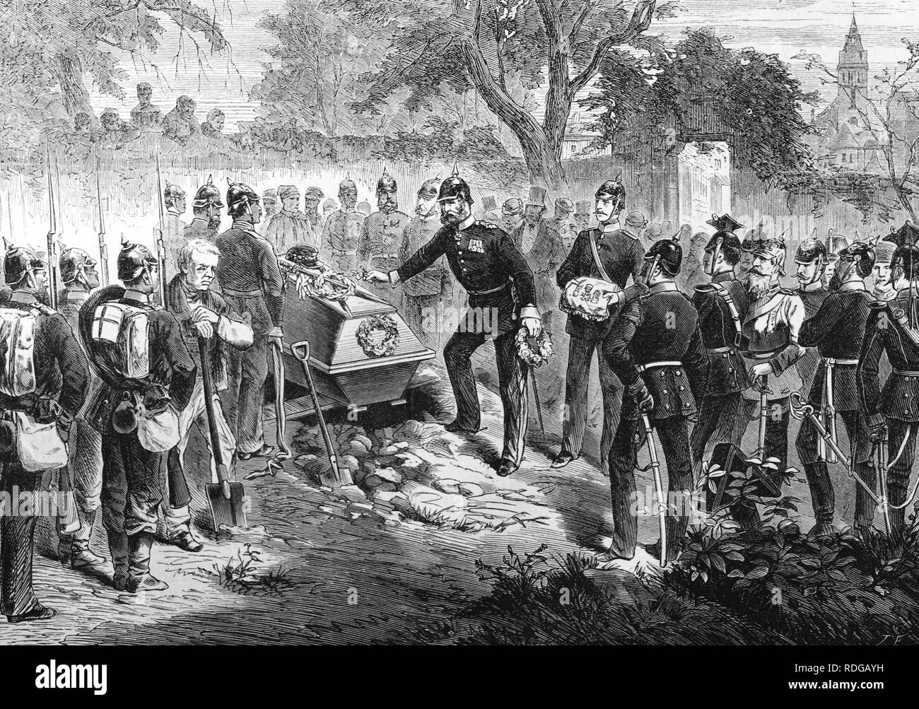 Le général français Donaine enterré par les troupes prussiennes à Sarreguemines, illustration historique, illustrated war chronicle 1870 à 1871 Banque D'Images