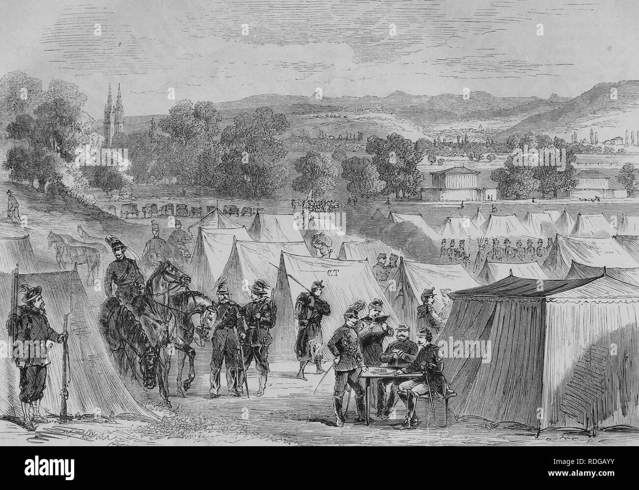 Camp suisse sur la colline du Bruderholz de Bâle, illustration historique, illustrated war chronicle 1870 à 1871 Banque D'Images