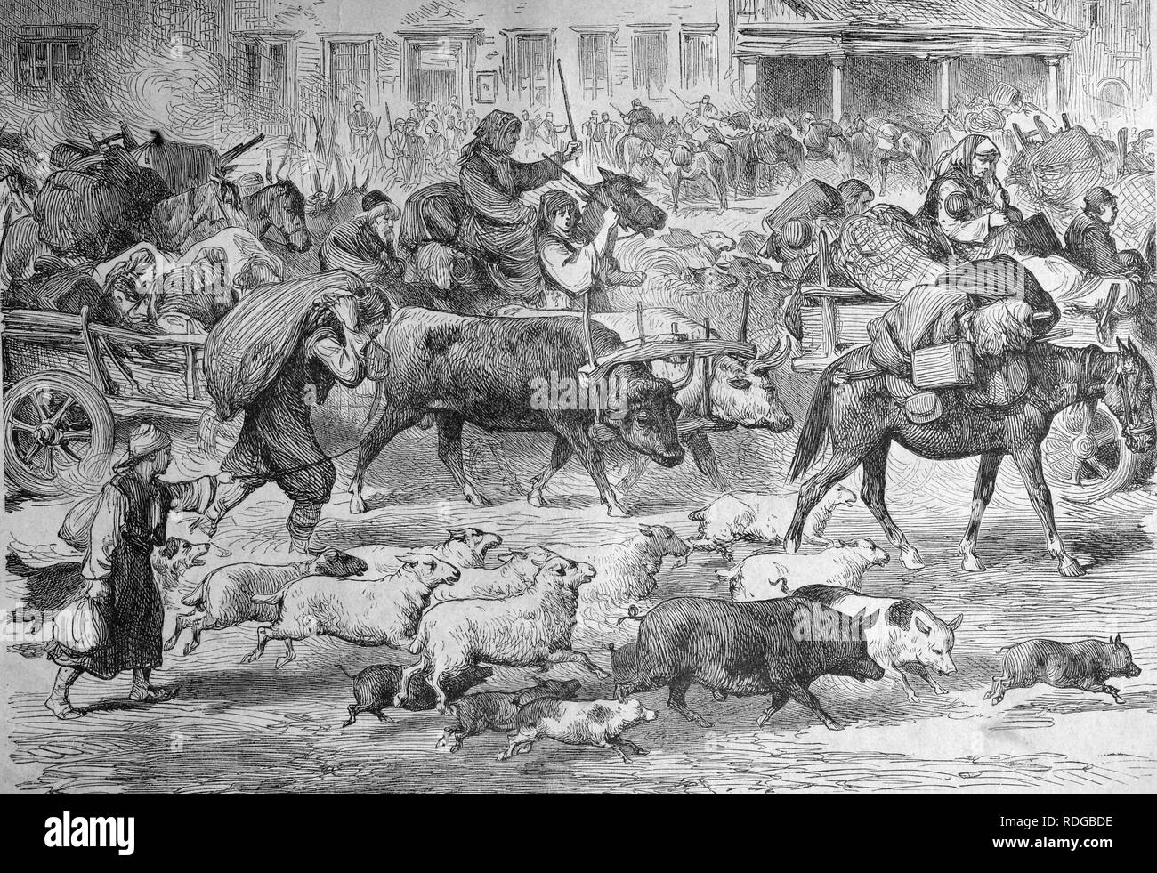 Les résidents de Serbie fuyant les Turcs, illustration historique, 1877 Banque D'Images