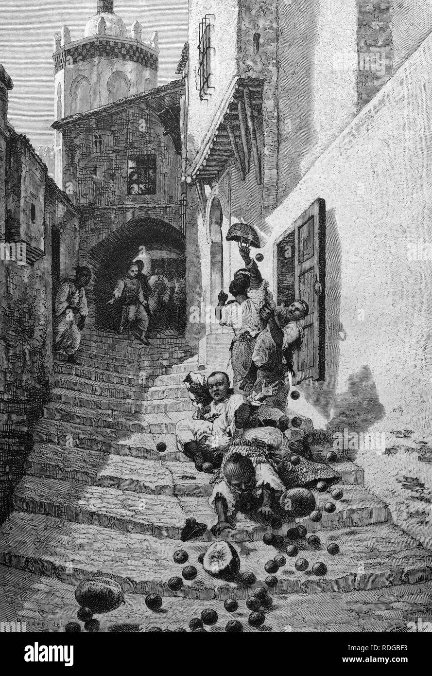 Scène de rue à Alger, Algérie, illustration historique, 1877 Banque D'Images