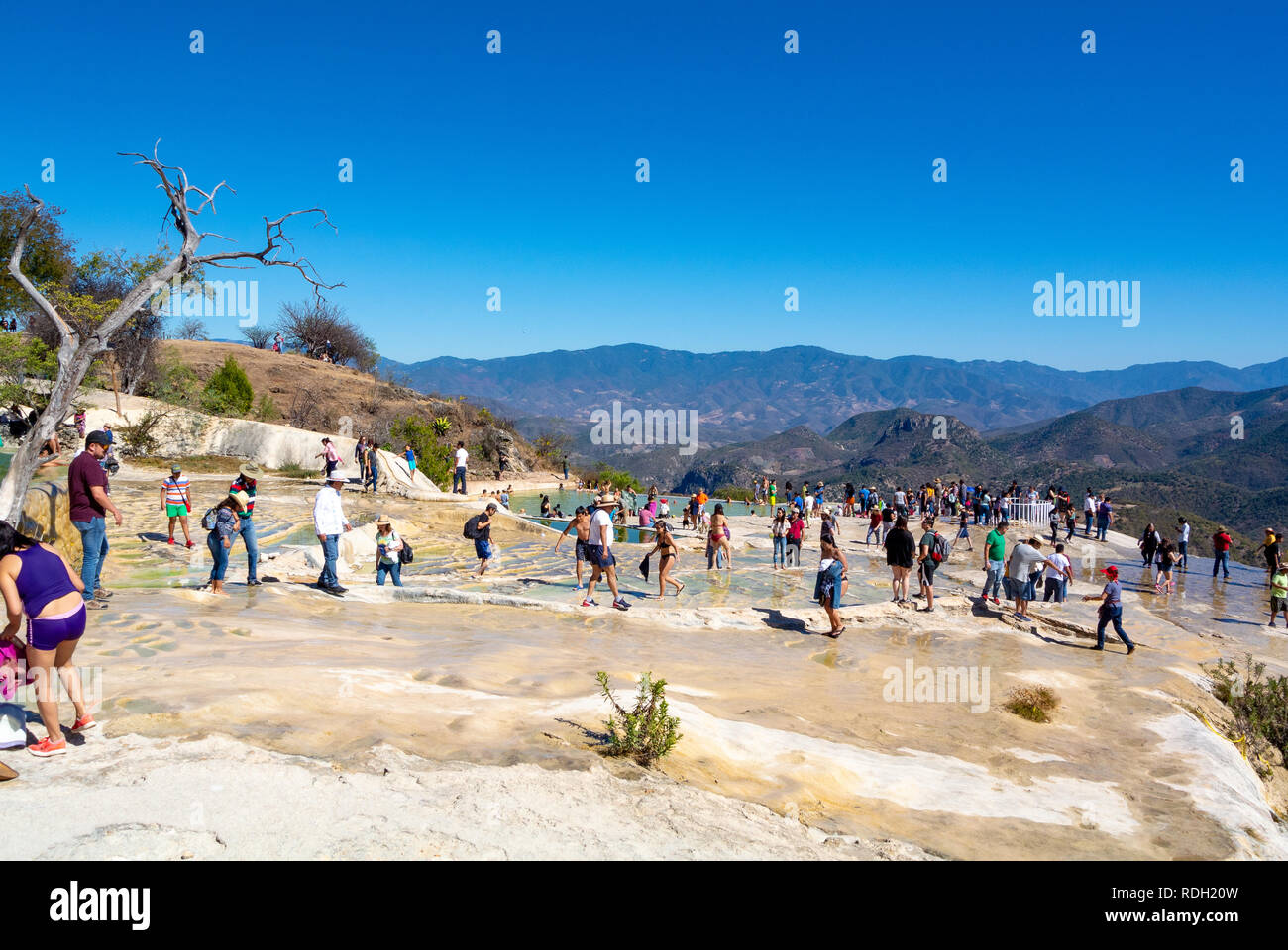 Un paysage de Hierve el Agua auprès des touristes, cascade pétrifiée, Oaxaca, Mexique Banque D'Images