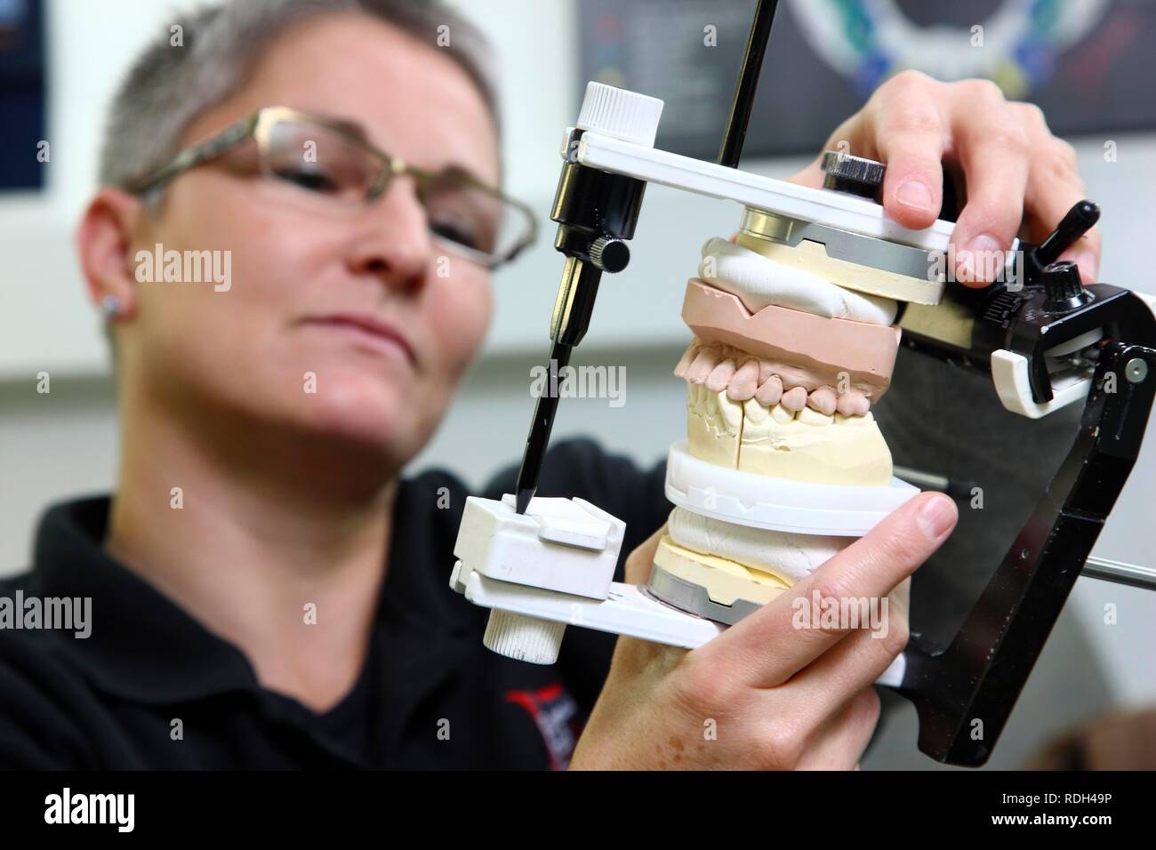 Laboratoire Dentaire, fabrication d'une prothèse dentaire par un maître artisan, contrôle des travaux dentaires dans un articulateur Banque D'Images