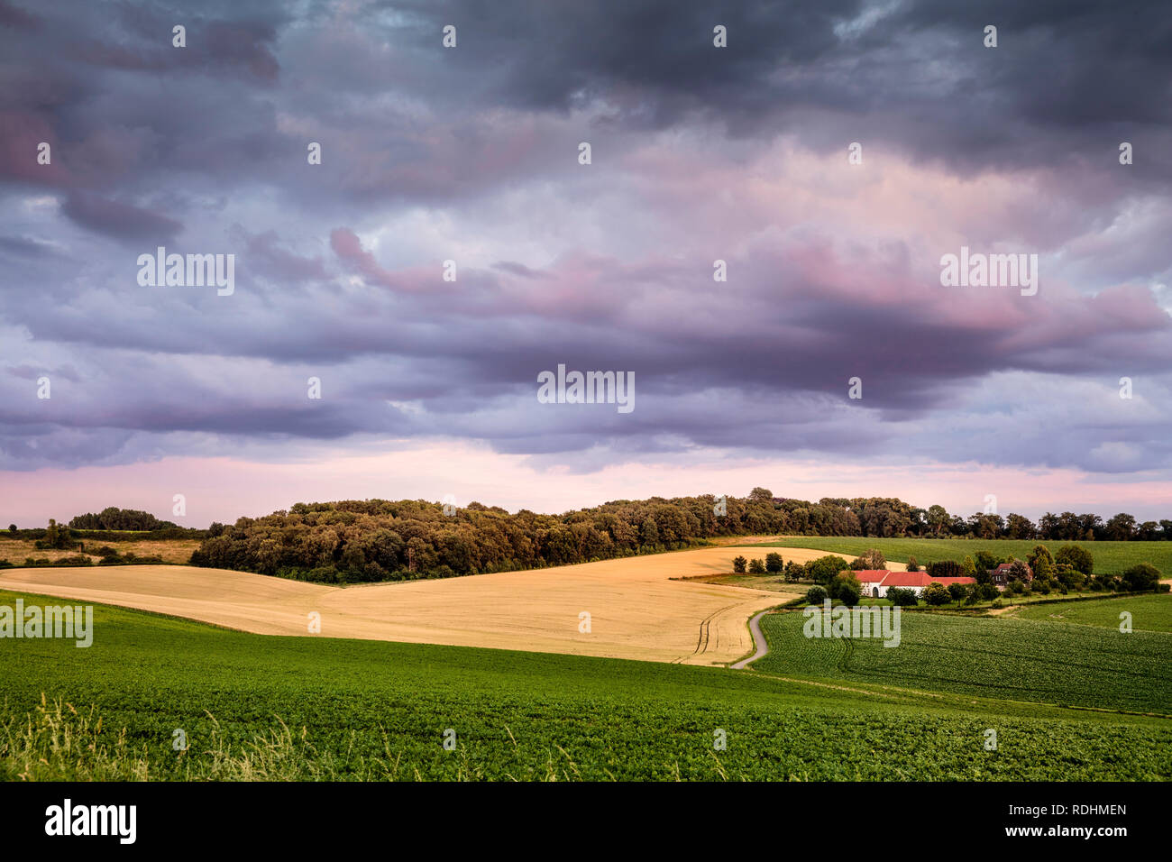 Paysage vallonné, les terres agricoles et les sombres nuages, Valkenburg, Pays-Bas. Banque D'Images