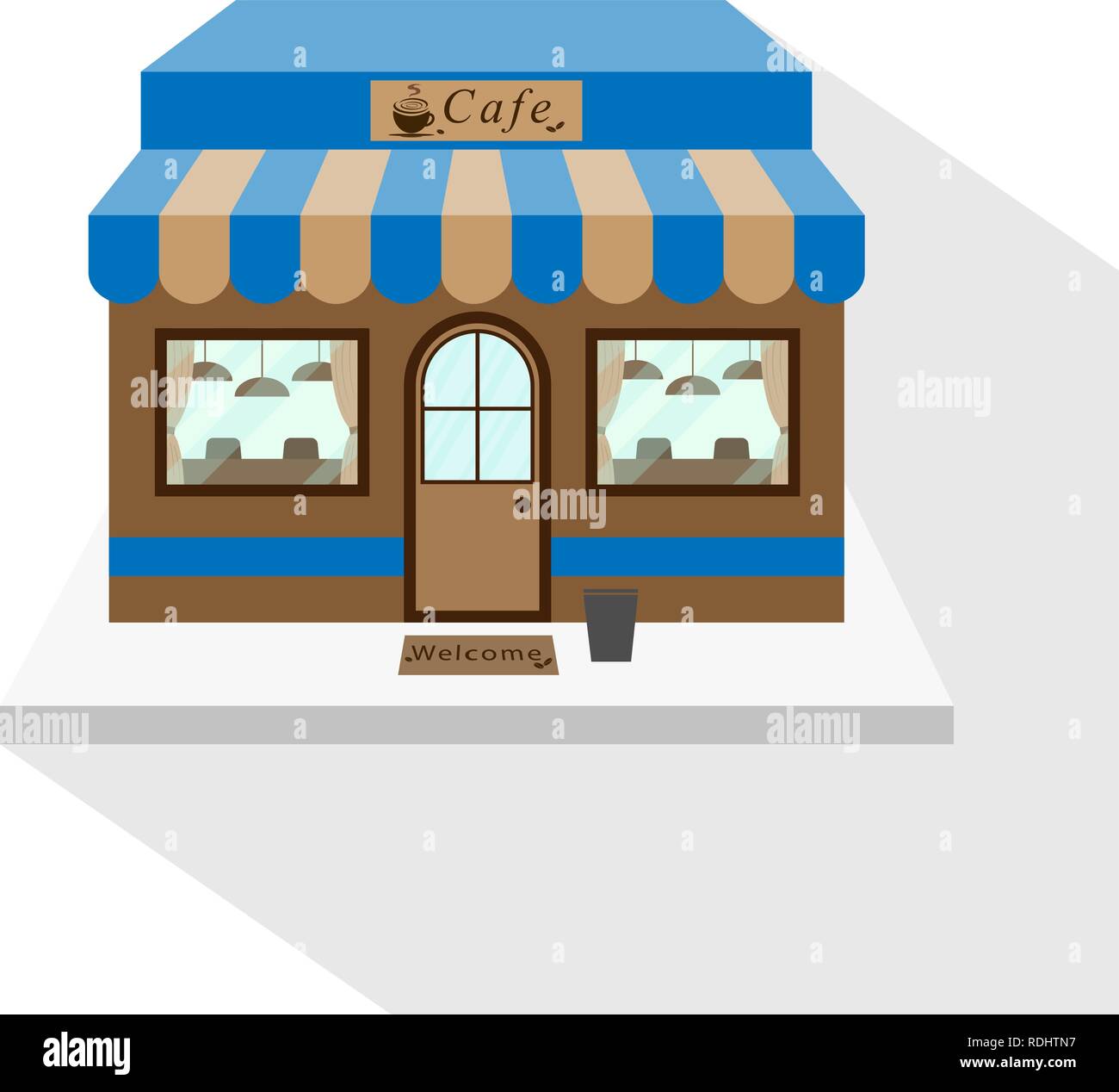 L'icône de café avec télévision longue ombre sur fond blanc. Cafe façade, immeuble commercial. Illustration vectorielle, EPS10. Illustration de Vecteur