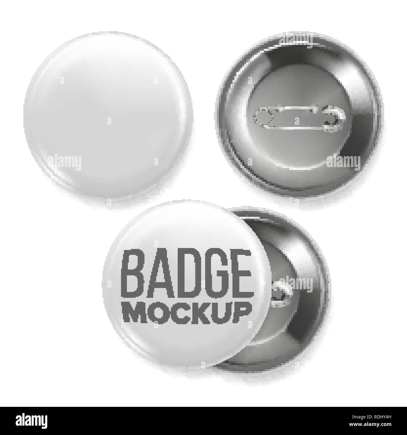 Badge blanc vide immersive vecteur. Broche Broche bouton blanc vierge. Deux côtés. Avant, vue arrière. Branding Design 3D Illustration réaliste Illustration de Vecteur