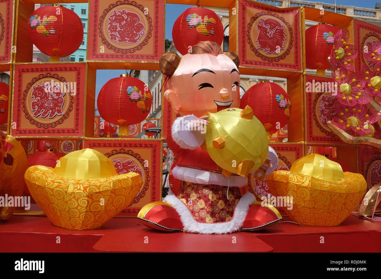 Affichage pour célébrer le Nouvel An chinois du cochon à Macao, Chine Banque D'Images