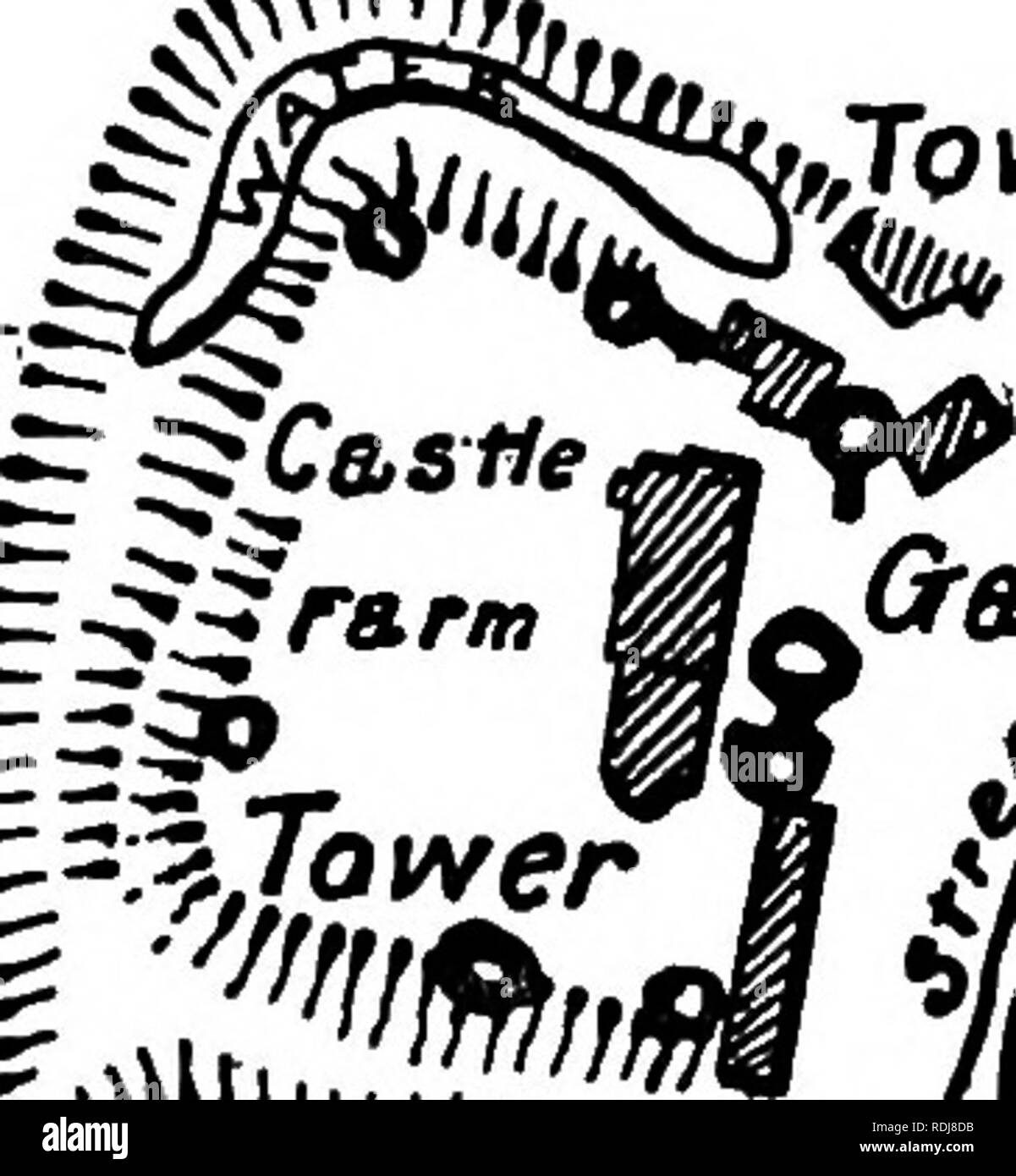 . L'histoire de Victoria du comté de Devon ;. L'histoire naturelle. Terrassement antique au sud du mont et son western agger prends j8 pi. au-dessus de la fosse, qui est la hauteur atteinte par un chemin incliné s'élevant de la base-cour pour le sommet d'une manière semblable à celle de Kenwith Château ; mais le rempart de la montagne, en l'absence du côté de la rivière, s'élève du sud à l'ouest et du nord, où il n'est J2 pi. de hauteur. La cour rectangulaire est défendu sur ses côtés contestable par un vallum de hauteur variable, mais en moyenne de 6 ft. L'entrée est sur l'ouest, où un sentier vire autour de la base du Banque D'Images