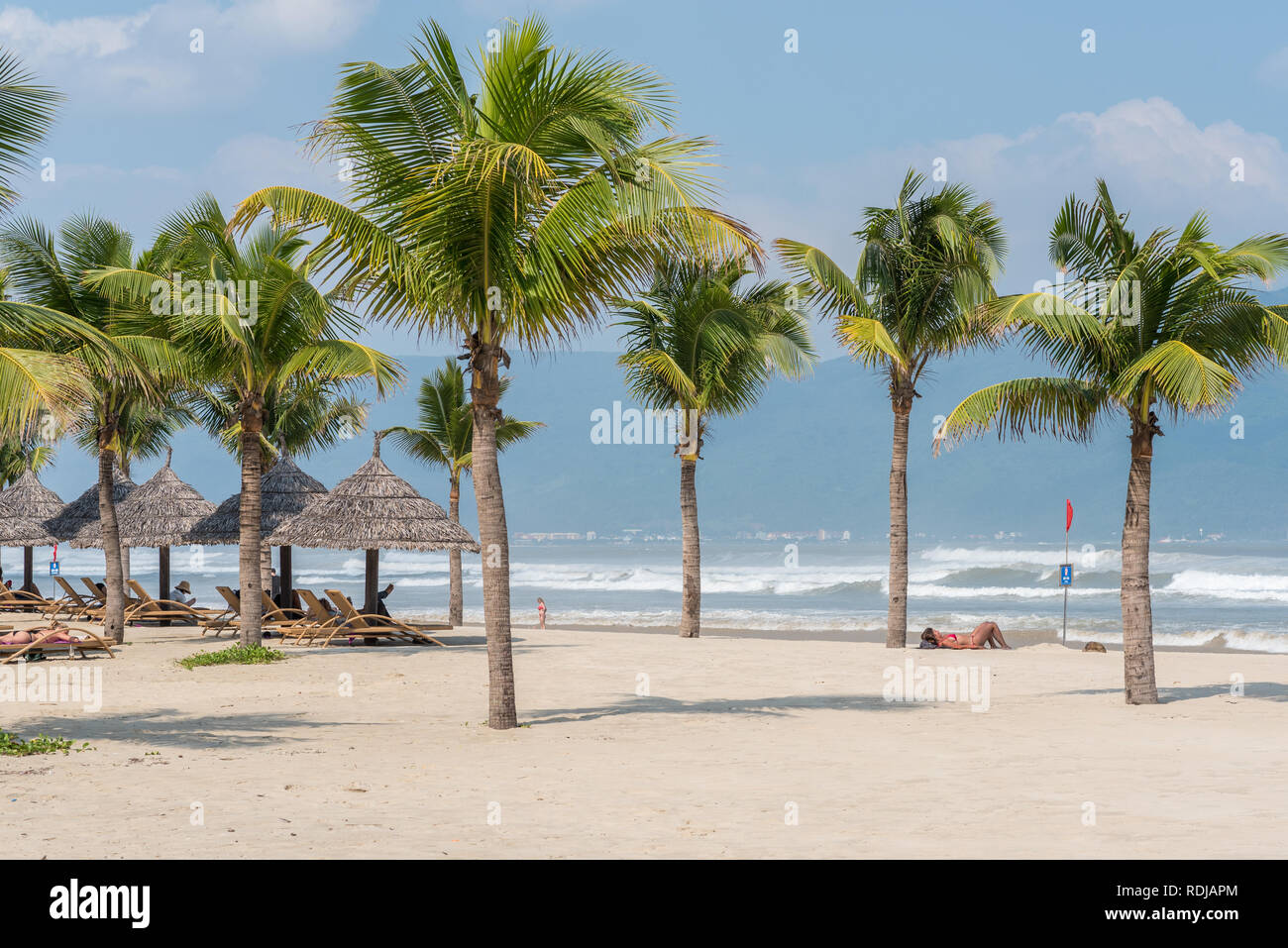 Danang, Vietnam - 1 novembre 2018 : China Beach avec plusieurs arbres de noix de coco, paille de parasols et bains de soleil plusieurs touristes. Banque D'Images