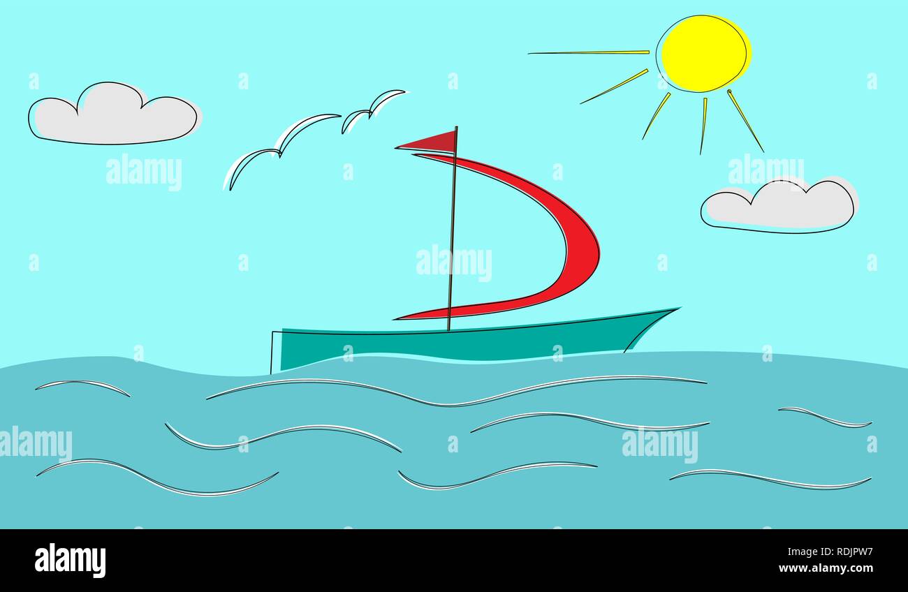 Seascape. Yacht avec un voile rouge dans la mer Illustration de Vecteur