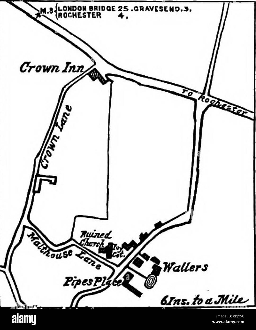 . Kalm's fait de sa visite en Angleterre : sur son chemin en Amérique en 1748 . L'histoire naturelle. GRAVESEND. 403 Nous avons vu par la suite une autre église [la description s'applique à l'Église Shorne], qui de même, a été pour la plus grande partie construite de pierres, flintor encore, de pierre de Portland qui a été construit ici et là dans le mur. Les remplages des châssis de fenêtre, ainsi que les poteaux étaient toujours, dans toutes les églises anciennes, en pierre de Portland ; souvent aussi les angles des murs de l'Église et la tour. Les fenêtres étaient pour la plupart assez petits. Pour laquelle côté ouest de la lane en face à la Chambre a marqué M. Site Banque D'Images