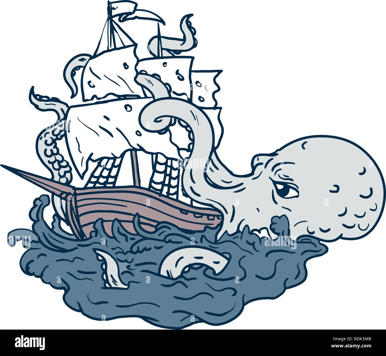 Doodle art illustration d'un kraken, un légendaire de céphalopodes comme monstre marin géant attaque un voilier avec ses tentacules sur mer avec tumulte Illustration de Vecteur