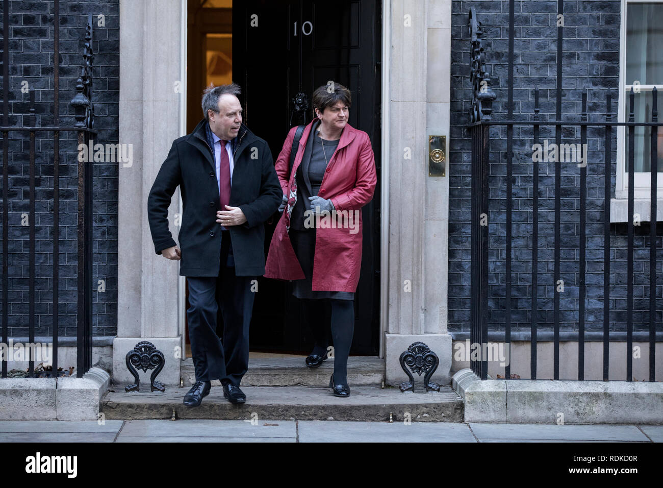 Arlene Foster chef du Parti unioniste démocratique avec Nigel Dodds leader adjoint à l'extérieur no 10 Downing Street, Whitehall, Londres, Angleterre, RU Banque D'Images