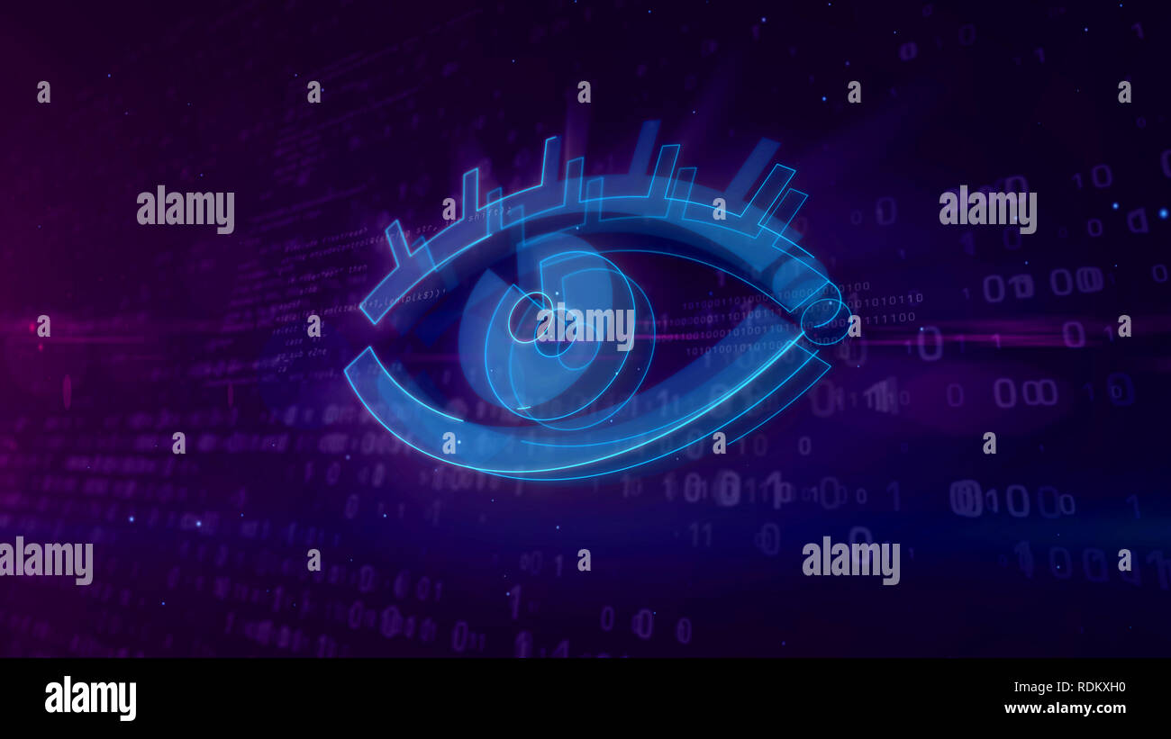 La surveillance et l'espionnage électronique dans Internet. L'espionnage et le suivi de la vie privée dans le cyberespace avec symbole de l'œil sur l'arrière-plan numérique 3D illustration. Banque D'Images