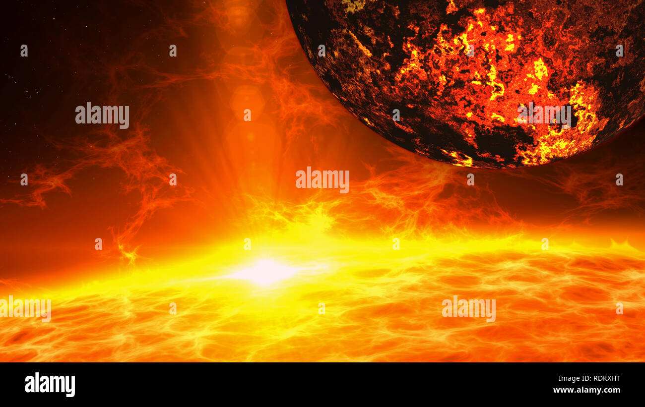 Des sources volcaniques exoplanète sur star surface avec éruption de plasma et l'énergie d'explosion. La recherche de l'espace lointain concept 3d illustration. Banque D'Images