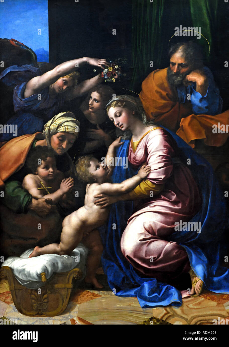 1518 La Sainte Famille (Jésus, Marie et Joseph), Sainte Élisabeth, un bébé Jean le Baptiste et deux anges. par Raphael - Raffaello Sanzio da Urbino 1483 -1520 est un peintre italien et architecte de la Haute Renaissance Italie Banque D'Images